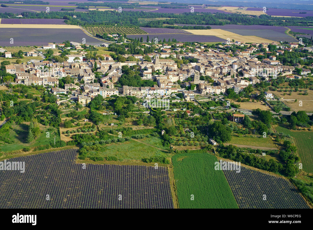 AERIAL VIEW. The town of Puimoisson surrounded by lavender fields in July. Valensole Plateau, Provence-Alpes-Côte d'Azur, France. Stock Photo