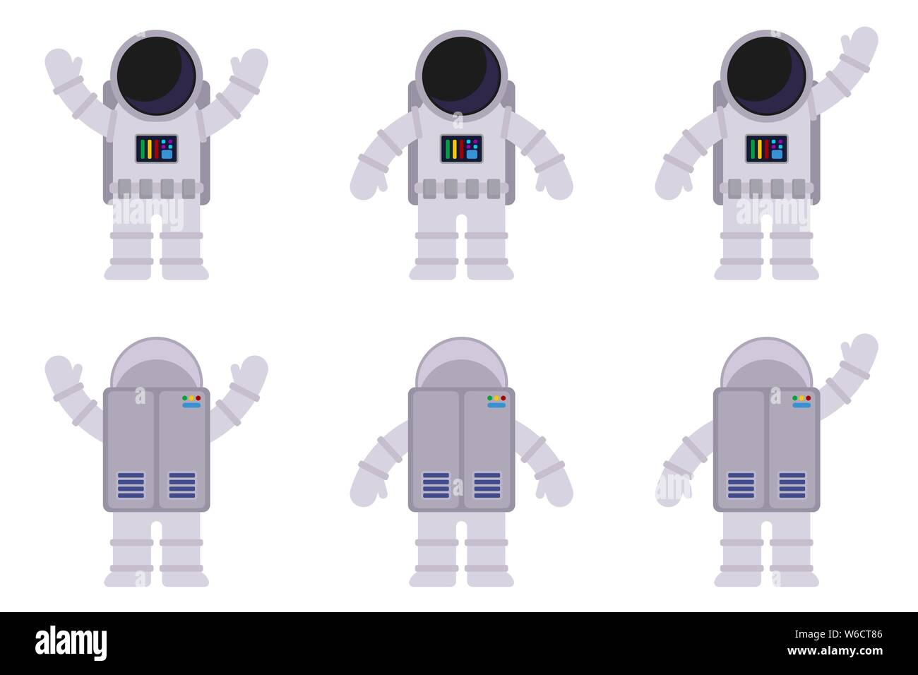 Isolated images of an astronaut in different poses, from the front and back. Vector flat illustration. Stock Vector