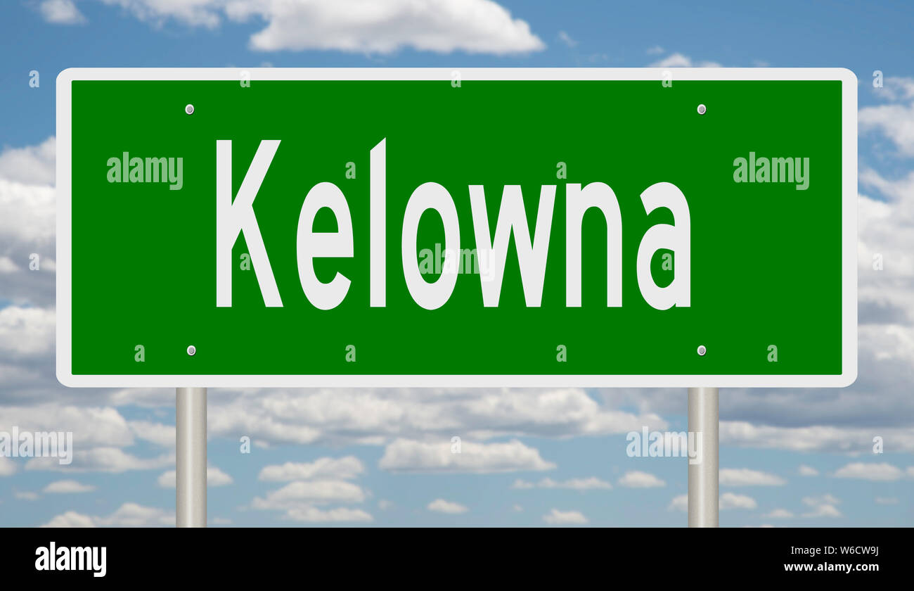 Rendering of a green highway sign for Kelowna British Columbia Stock