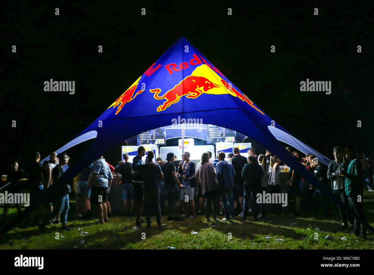 Croatia - 19th July, 2019 : People on the Red bull tents with bar on the Forestland, ultimate forest electronic music located in Br Stock Photo - Alamy