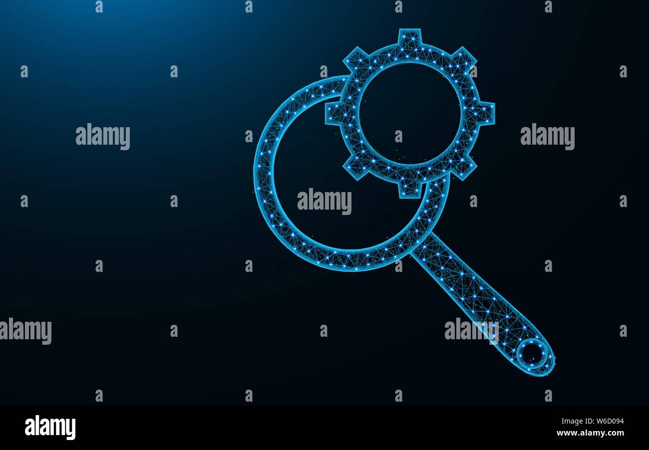 Magnifying glass and cogwheel low poly design, loupe and gear abstract ...