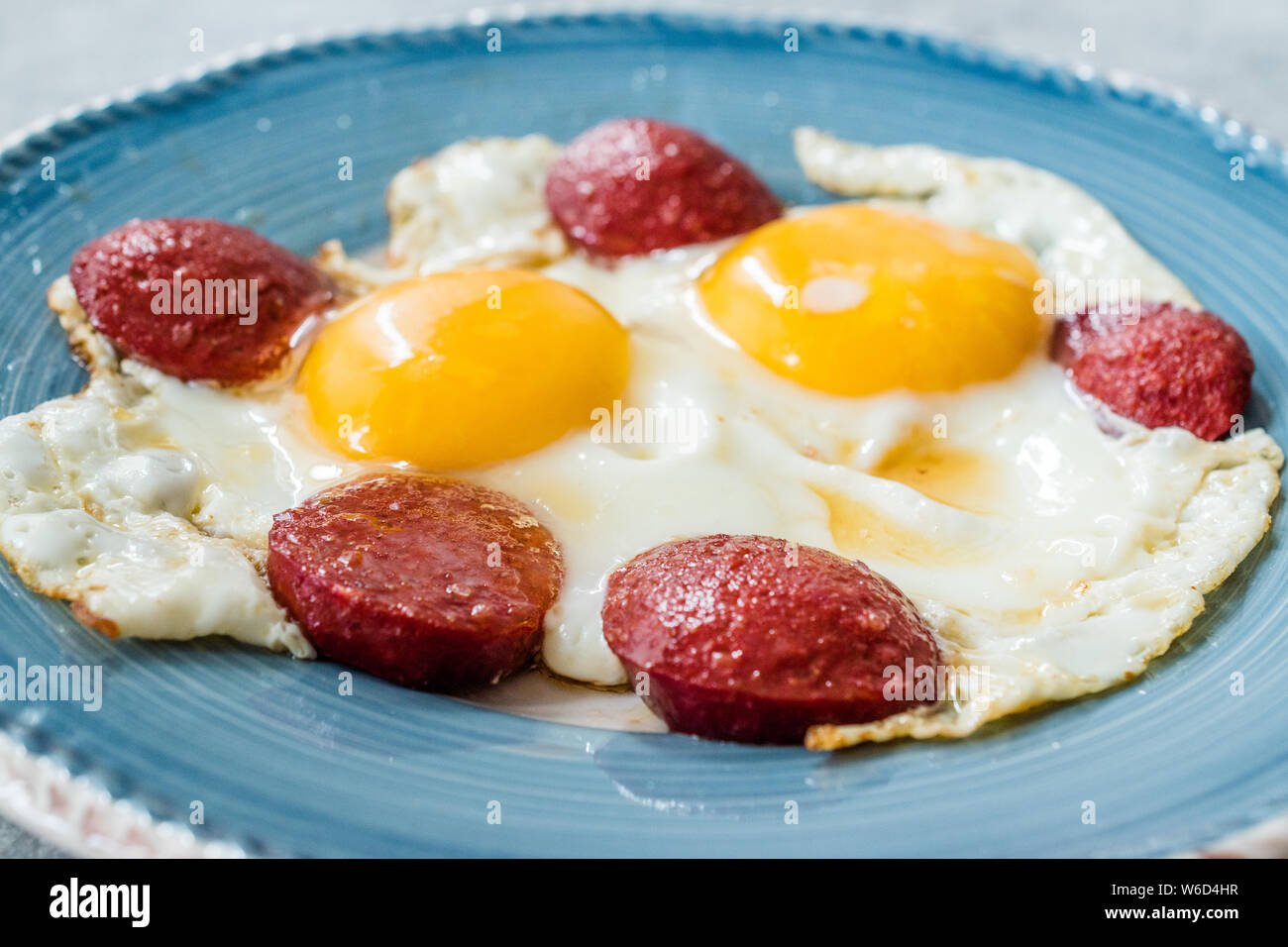 Turkish Breakfast Sucuk with Fried Eggs / Salami or Sujuk. Traditional