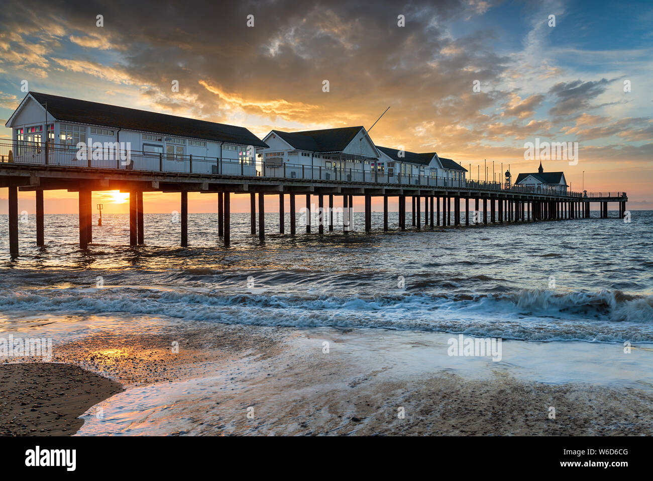Sunrise over the pier at Southwold, a pretty seaside town on the Suffolk coast Stock Photo