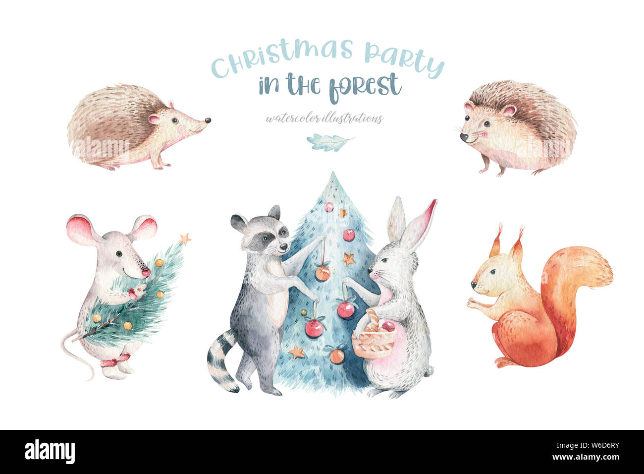 Set of Christmas Woodland Cute forest cartoon bear cute deer and penguin animal character. Winter set of new year floral elements, bouquets, berries, Stock Photo