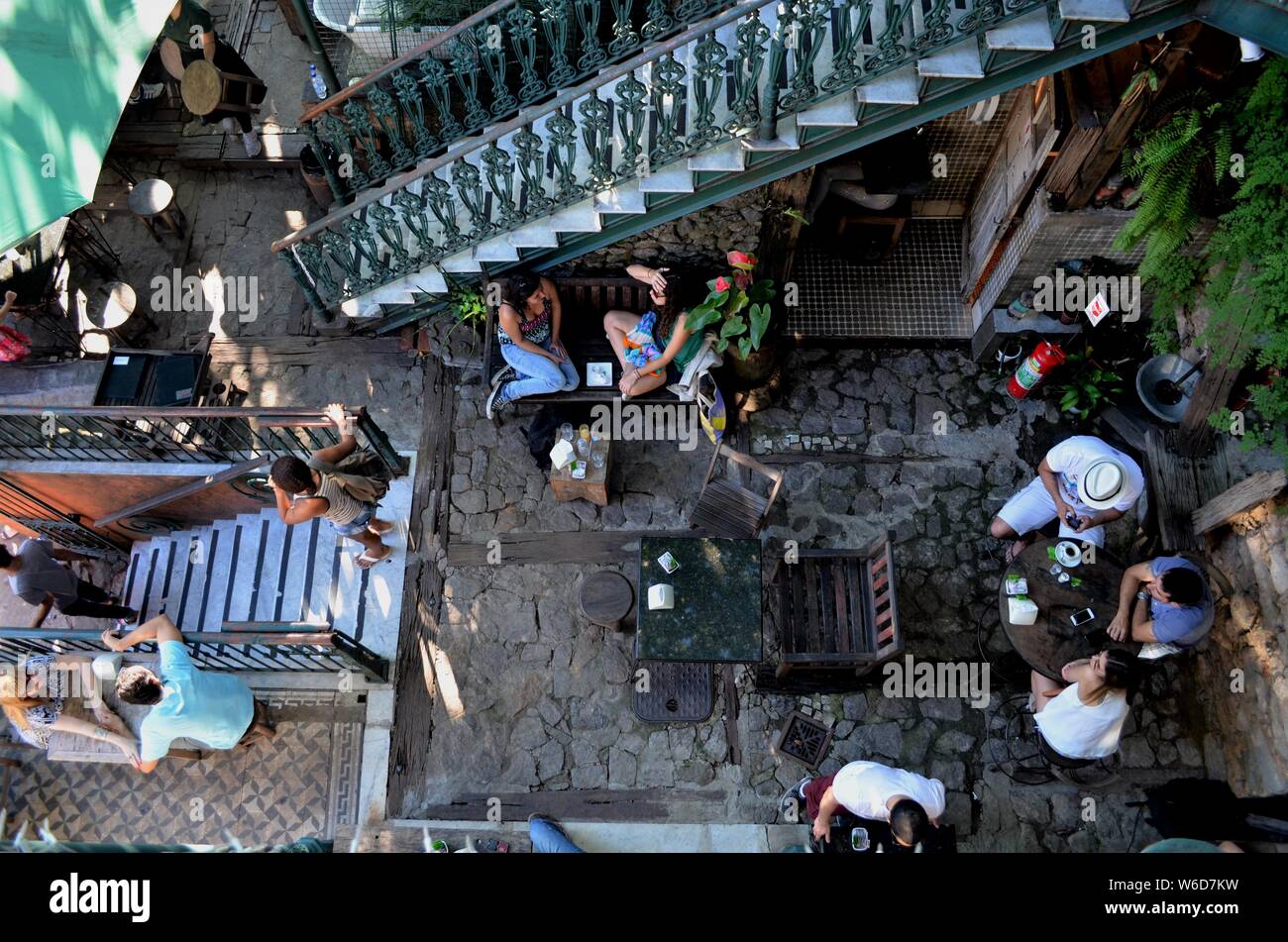 Snapshot from above of the lively Cafecito Cafe in Santa Teresa, Rio de Janeiro, Brazil. Stock Photo