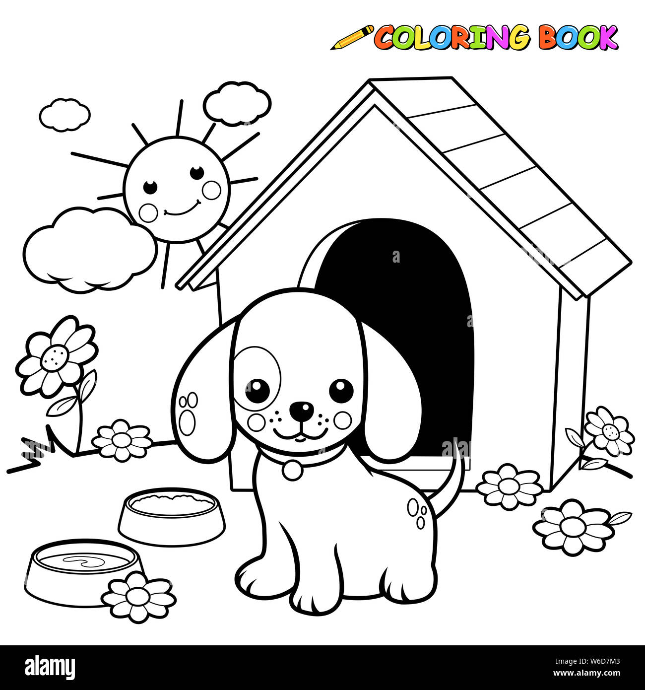 Black and white outline illustration of a dog standing outside his doghouse. Coloring book page. Stock Photo