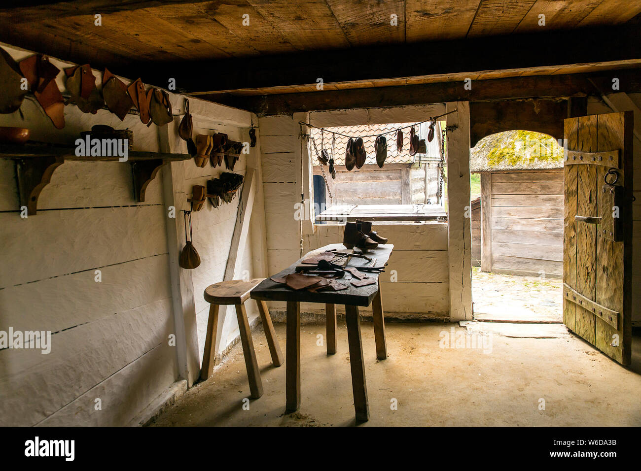 A shoe makers shop at the outdoor Medieval Centre in Nykøbing Falster ...