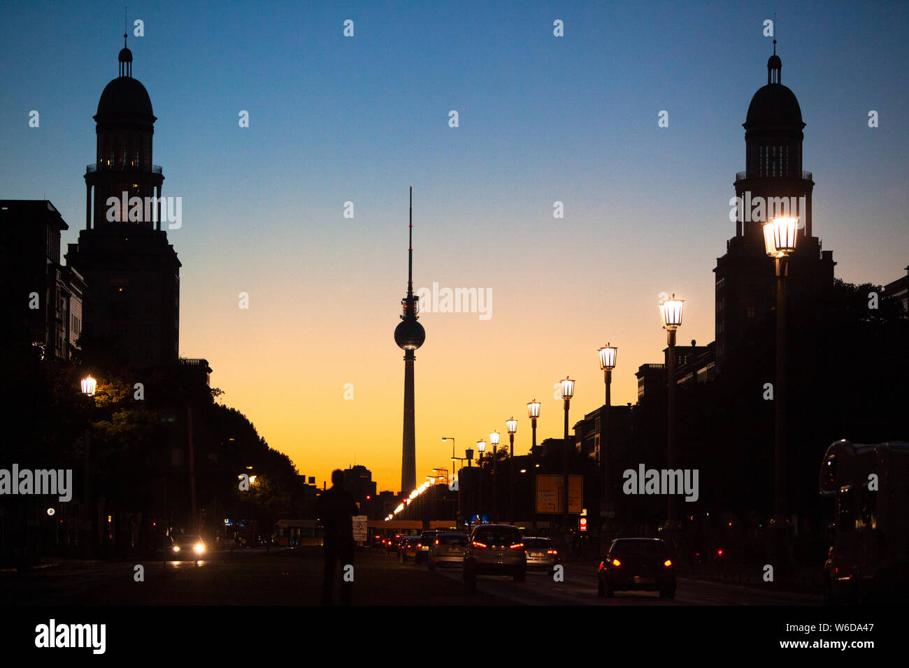 General view to Karl-Marx-Allee during blue hour sunset in Berlin, Germany Stock Photo