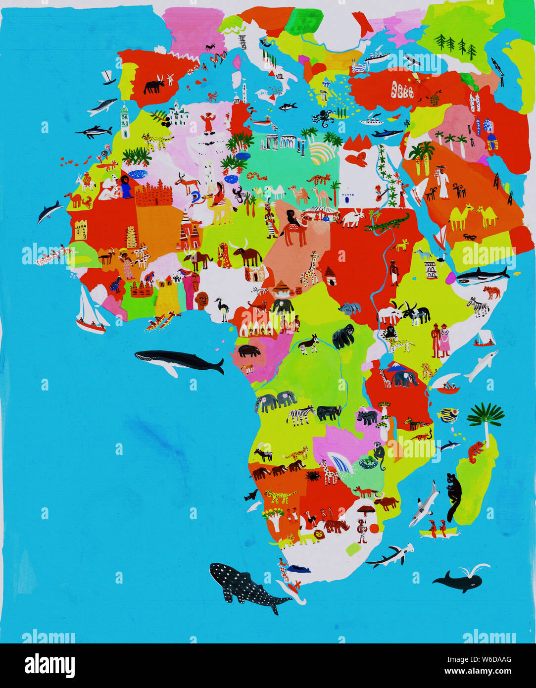 Illustrated map of African and Middle Eastern culture and wildlife Stock Photo