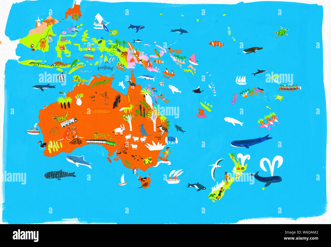 Illustrated map of Australasian and Indonesian culture and wildlife Stock Photo