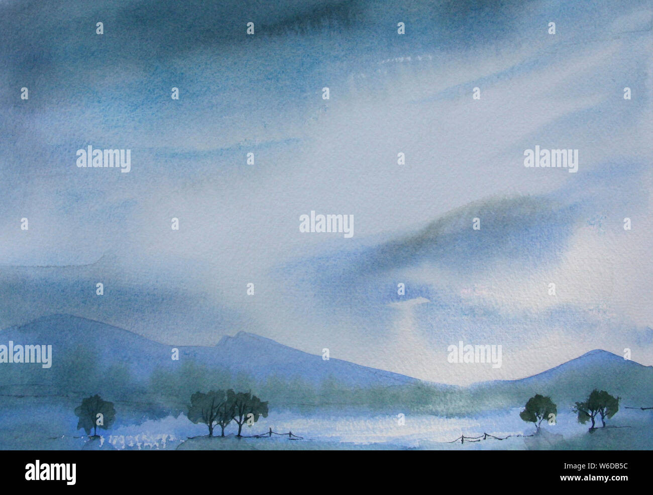 Watercolour painting of mountains and trees against rainy sky Stock Photo