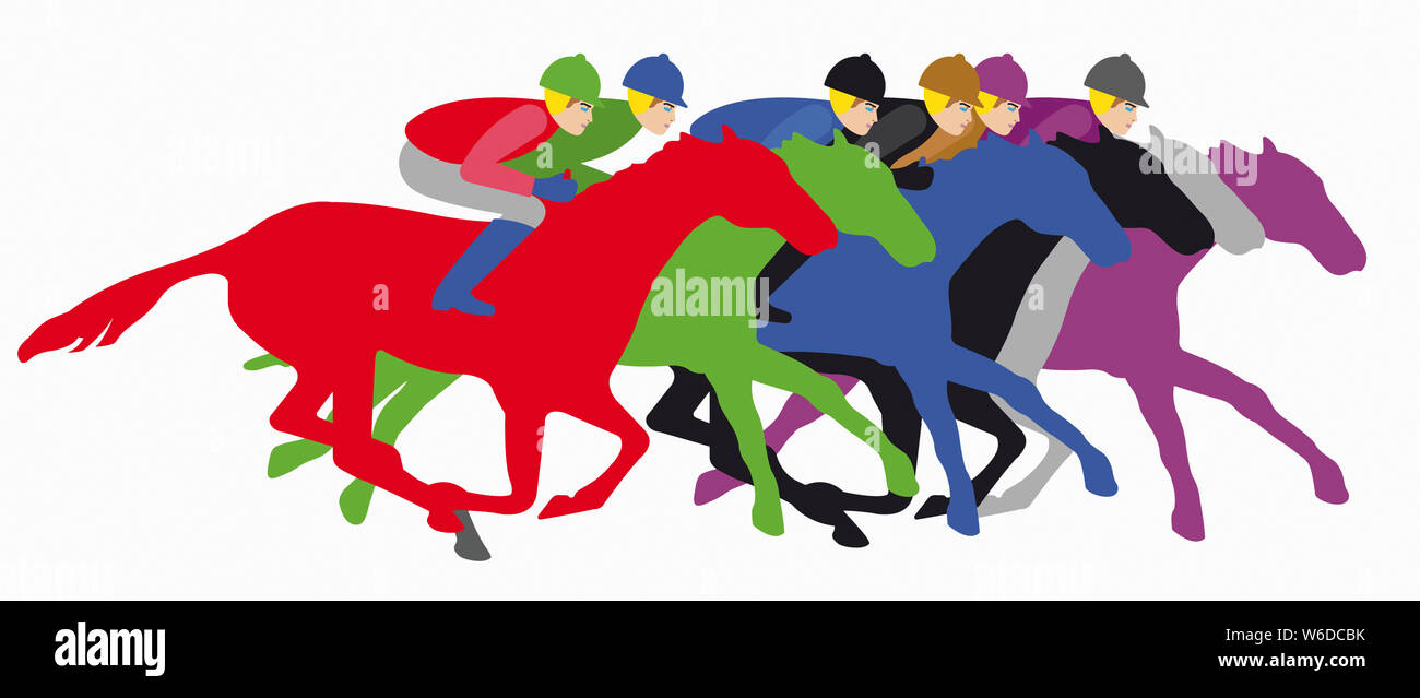 Multicoloured horses and jockeys in horse race Stock Photo