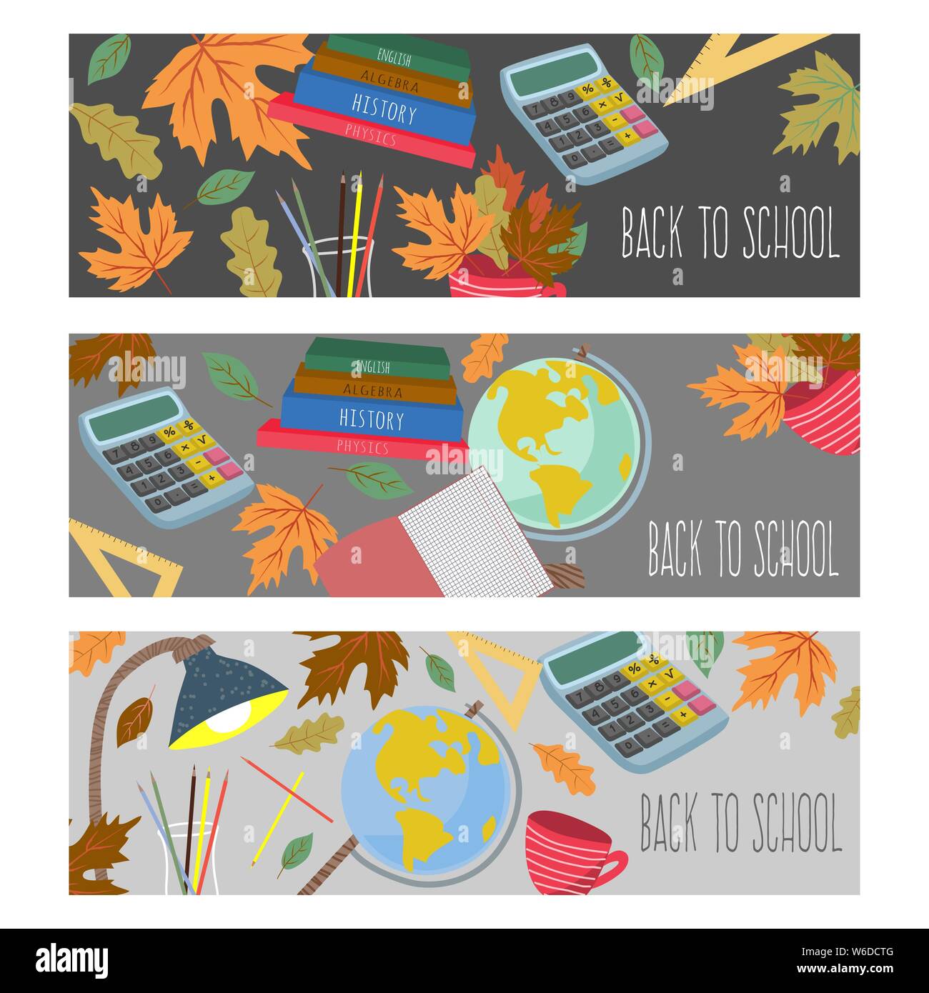 Back to school. Cute flat vector set horizontal banners with stationery ...