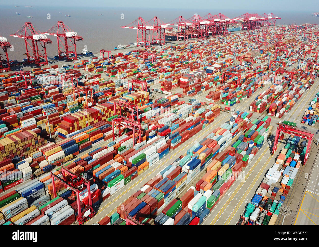 An aerial view of containers at the fourth phase of the Yangshan Deep-Water Port, the world's largest automated cargo terminal, in Shanghai, China, 10 Stock Photo