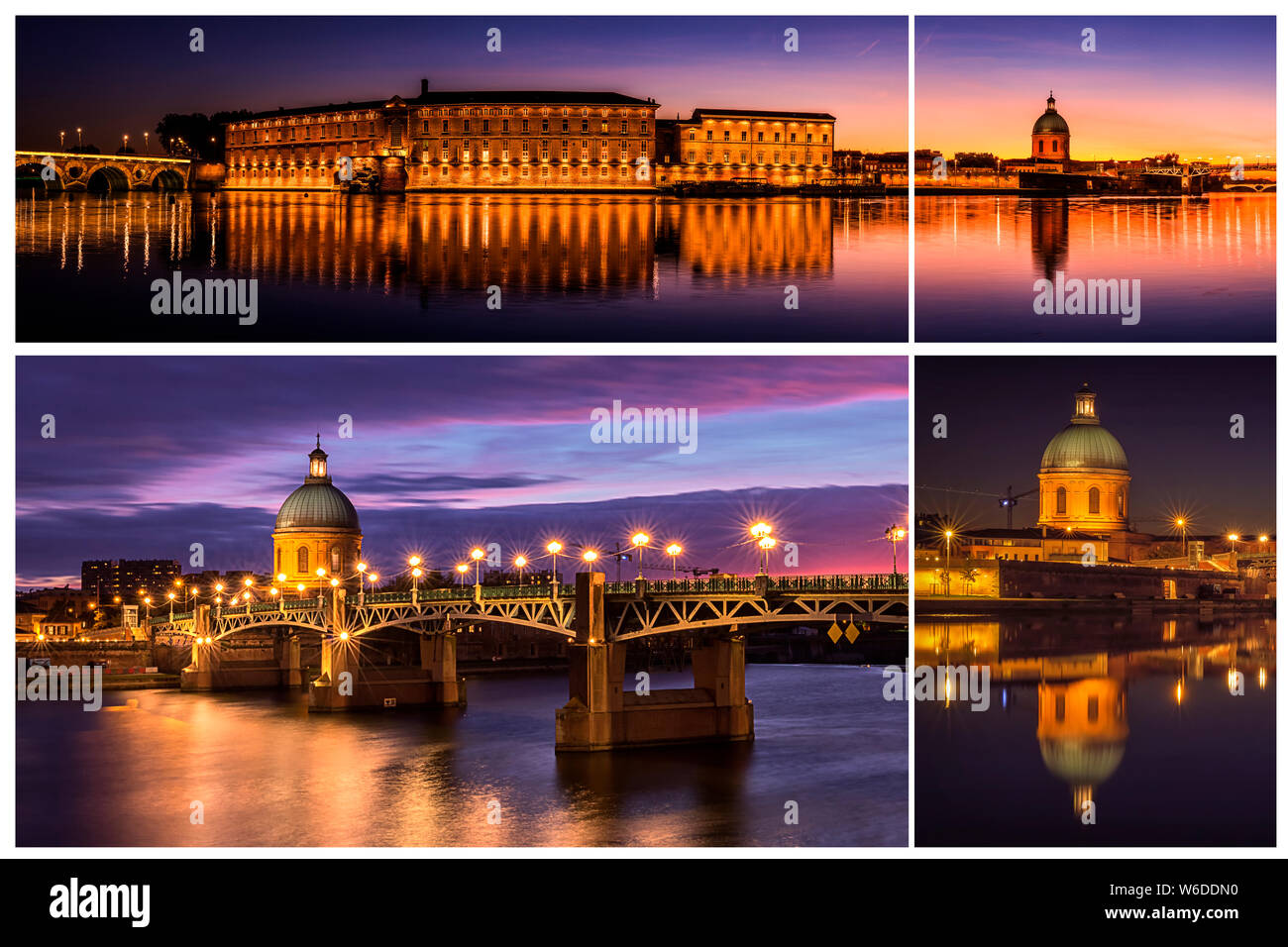 Collage from photos with Saint Pierre bridge and Saint Joseph Chapel at sunset . Amazing reflection in the river Garonne. Stock Photo