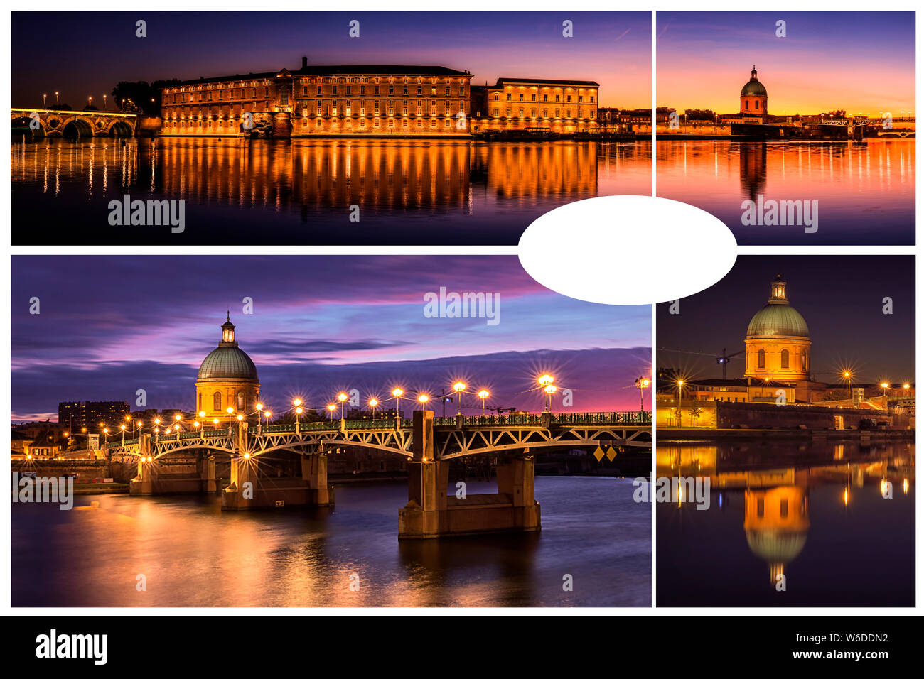 Collage from photos with Saint Pierre bridge and Saint Joseph Chapel at sunset. Copy space for text.  Amazing reflection in the river Garonne. Stock Photo