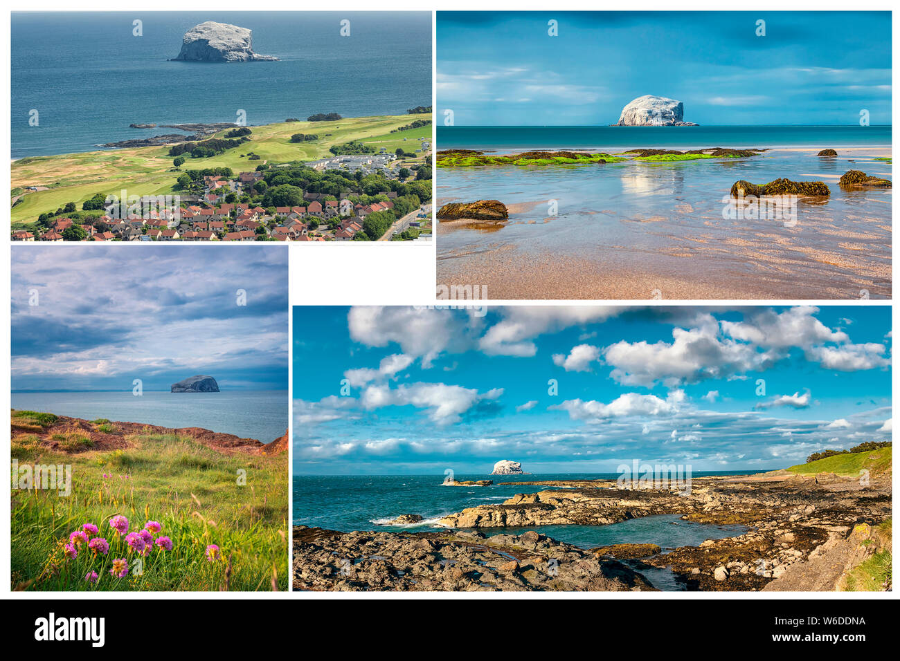 Collage from photos and with copy space. View on North Berwick, Bass Rock and North Sea. Bass Rock - island where live colony of northern gannets. Stock Photo