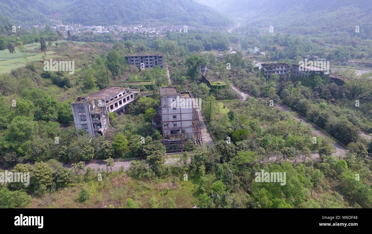 Aerial view of the ruins of a fertilizer plant destroyed after the