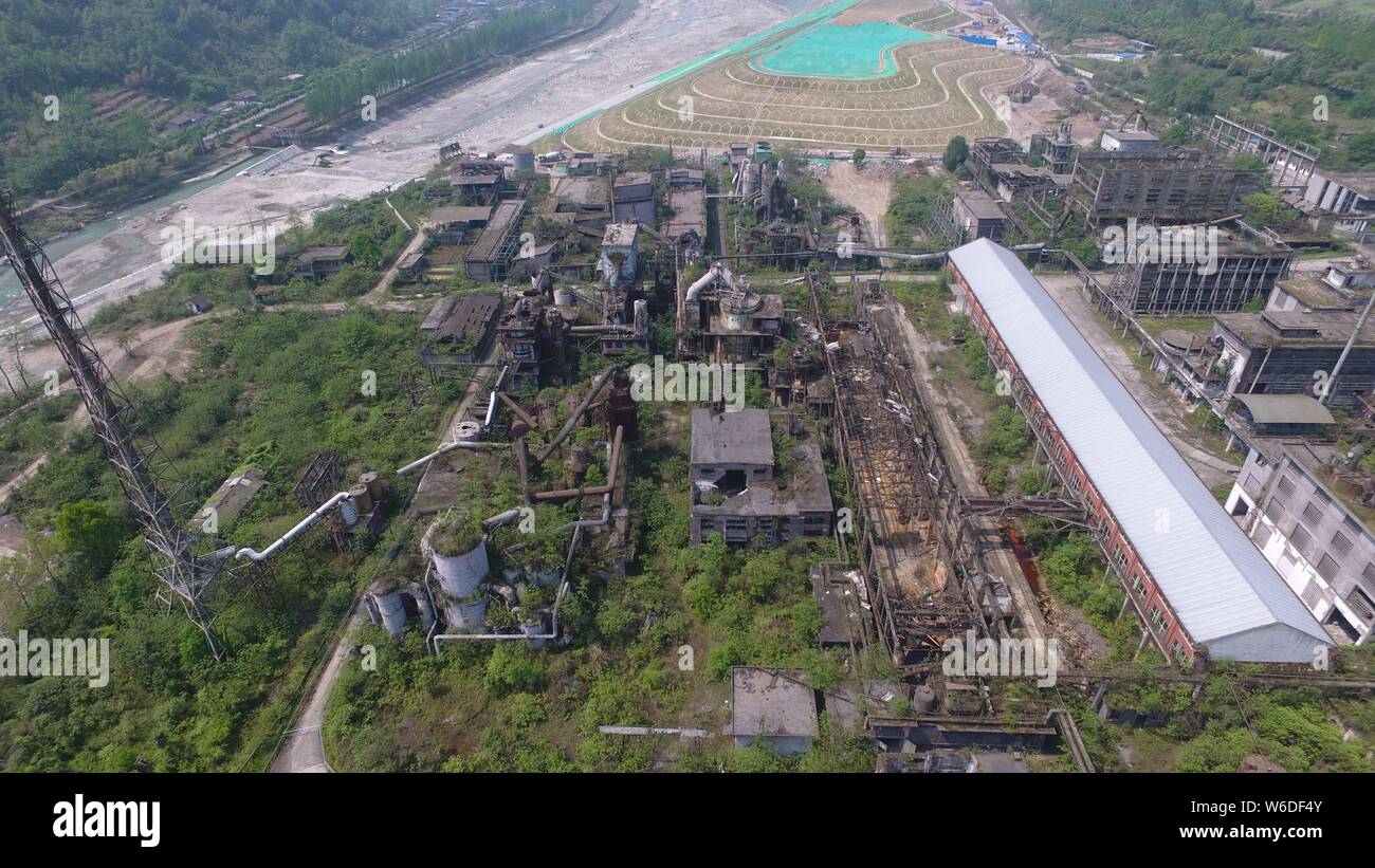 Aerial view of the ruins of a fertilizer plant destroyed after the