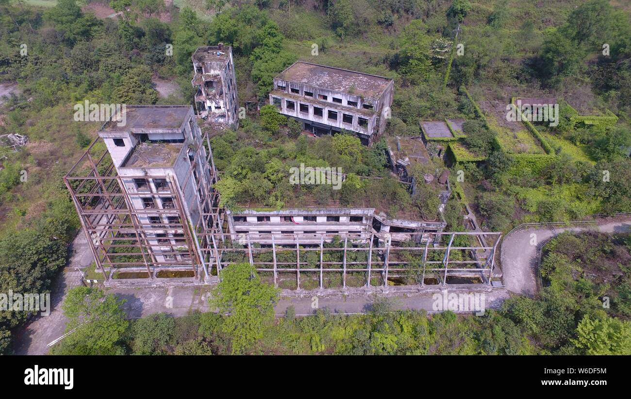 Aerial view of the ruins of a fertilizer plant destroyed after the