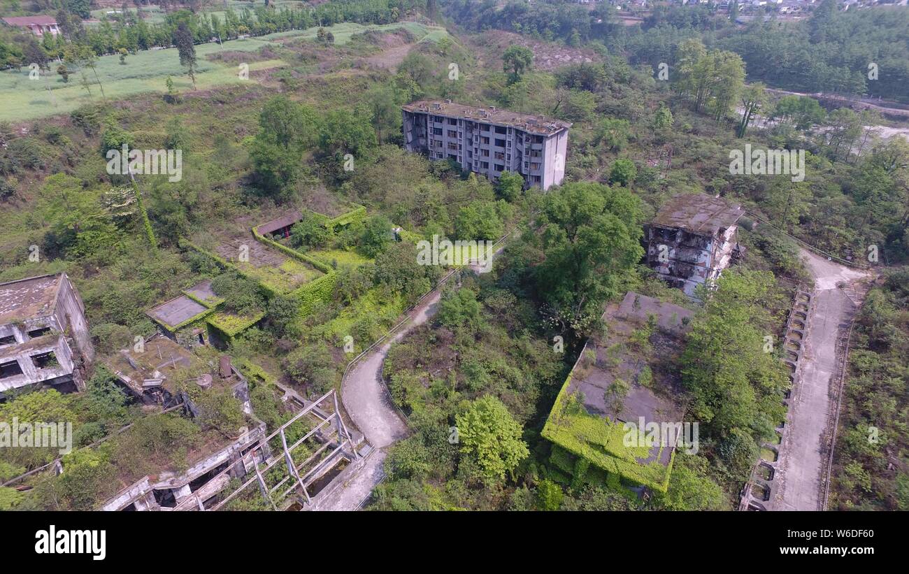 Aerial view of the ruins of a fertilizer plant destroyed after the