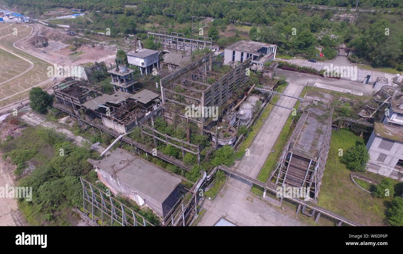 Aerial view of the ruins of a fertilizer plant destroyed after the