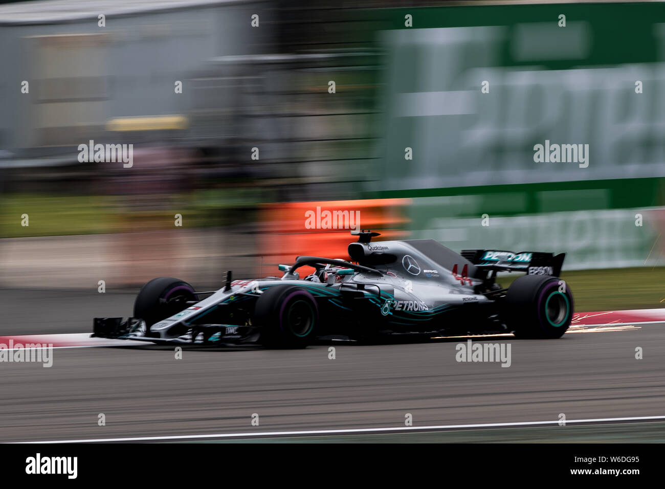 British F1 driver Lewis Hamilton of Mercedes steers his car during the qualifying session for the 2018 Formula One Chinese Grand Prix at the Shanghai Stock Photo