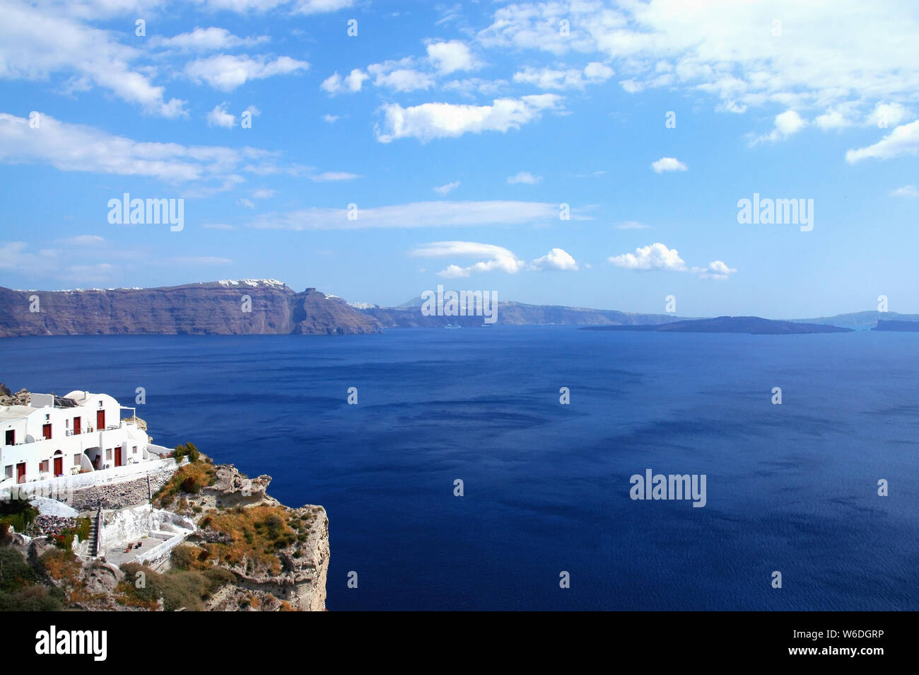 A panoramic view of Santorini caldera from Oia, Santorini, Greece. The