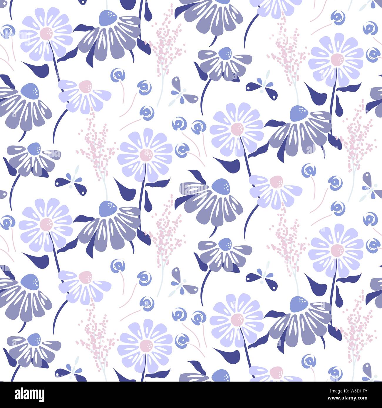Rustic flowers vintage blue purple colors seamless vector pattern. Stock Vector