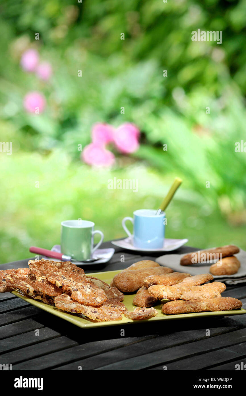 Table with biscuits and cups of coffee. Culinary specialties from the Berry area: almond “croquets” biscuits from Berry and coffee, in a garden in sum Stock Photo