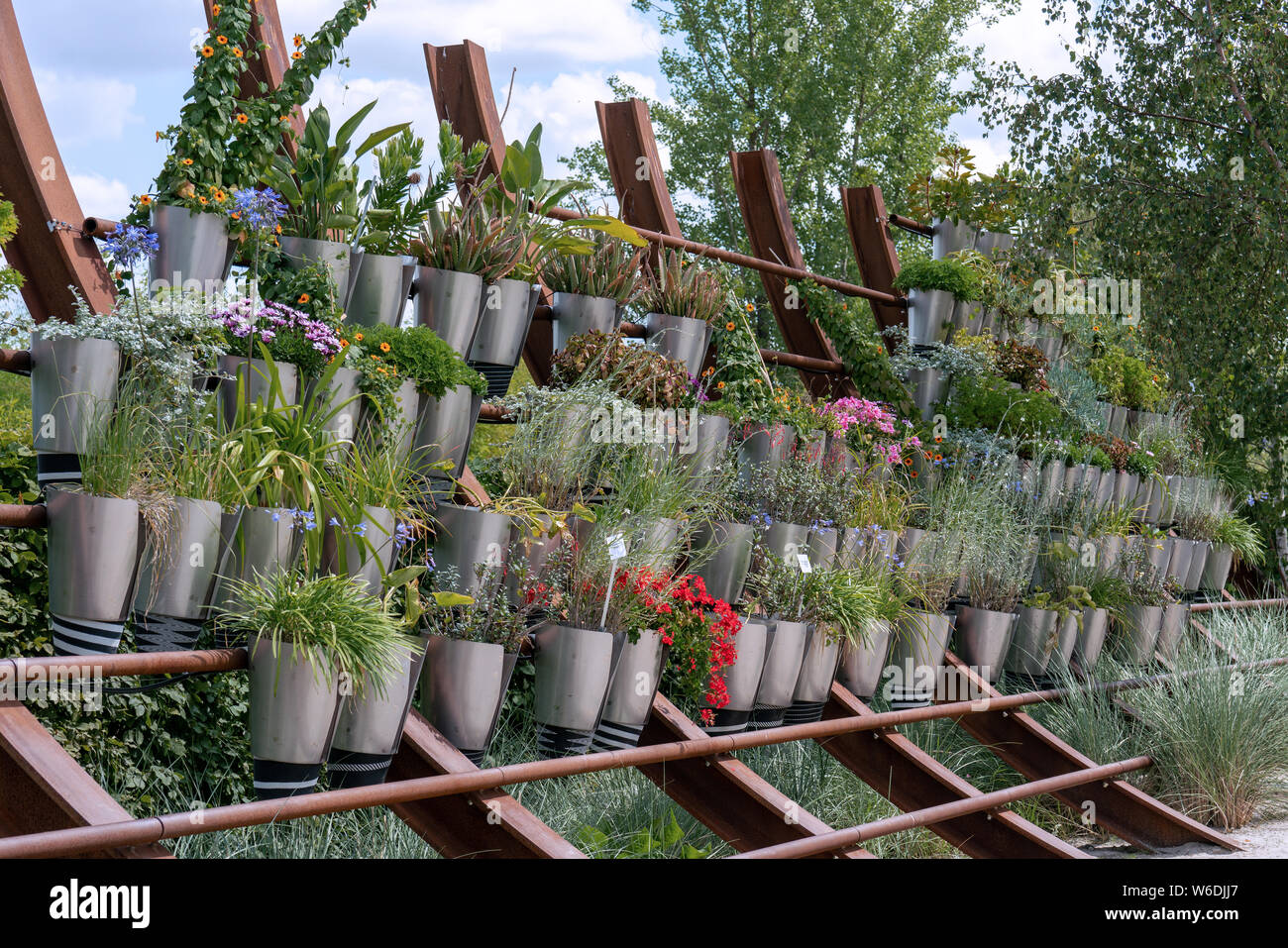 Different blooming summer plants in silver pots arranged on a shelf outdoors Stock Photo