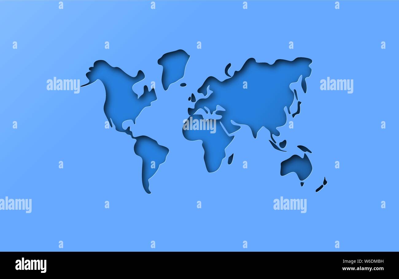 Blue papercut world map illustration on isolated background. Realistic 3d paper cutout globe template in layered style. Stock Vector