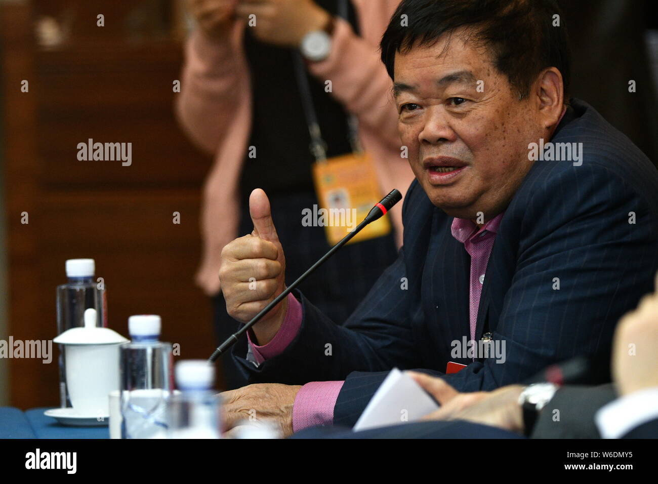 --FILE--Cho Tak Wong (Cao Dewang), Chairman of Fuyao Group and Chairman of Fuyao Glass Industry Group Co., attends a panel discussion during the Fifth Stock Photo