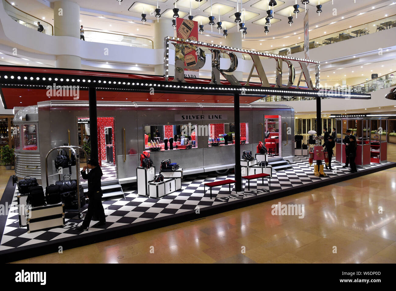 View of the pop-up rail themed Prada boutique, "Prada Silver Line", at  Pacific Place in Hong Kong, China, 27 April 2018. Adopting a rail theme,  Prad Stock Photo - Alamy