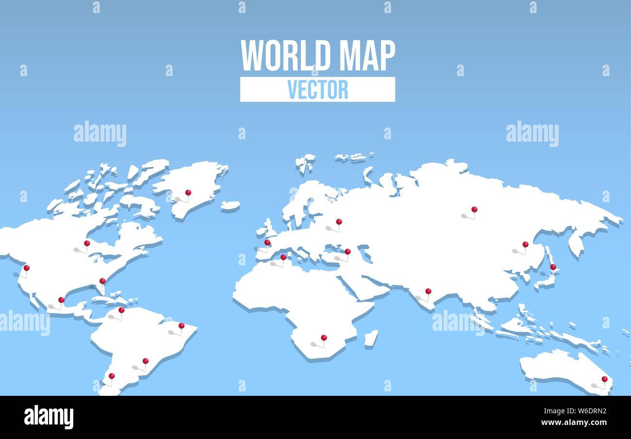 3d world map illustration with red pin locations. Empty globe template of worldwide destinations for education or travel concept. Stock Vector