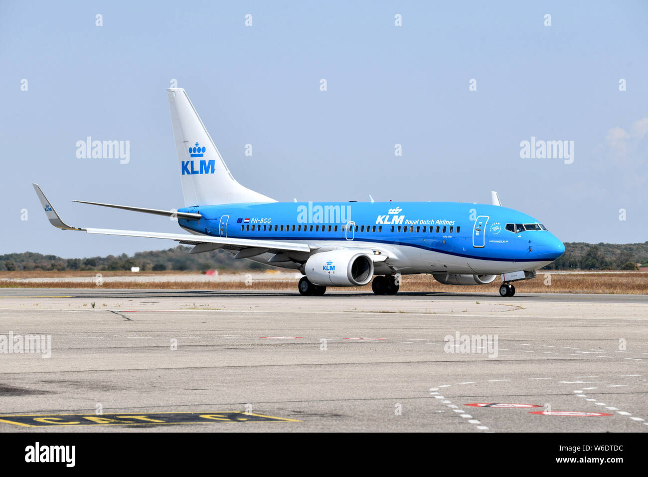 Colombier-Saugnieu (south-eastern France). Lyon Saint-Exupery Airport. Blue and white Boeing 737-700 airplane of the KLM airline company on the tarmac Stock Photo