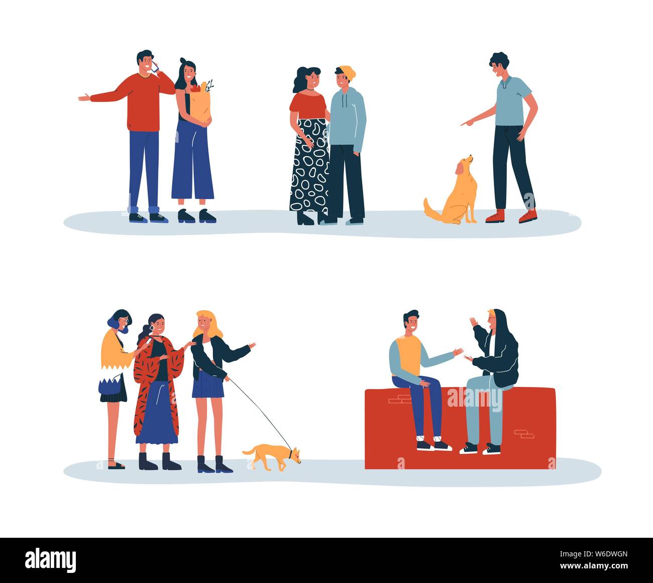 Set of people daily lifestyle activities with friends, pets and couples. Includes woman doing groceries, boy talking on phone, walking dog. Stock Vector