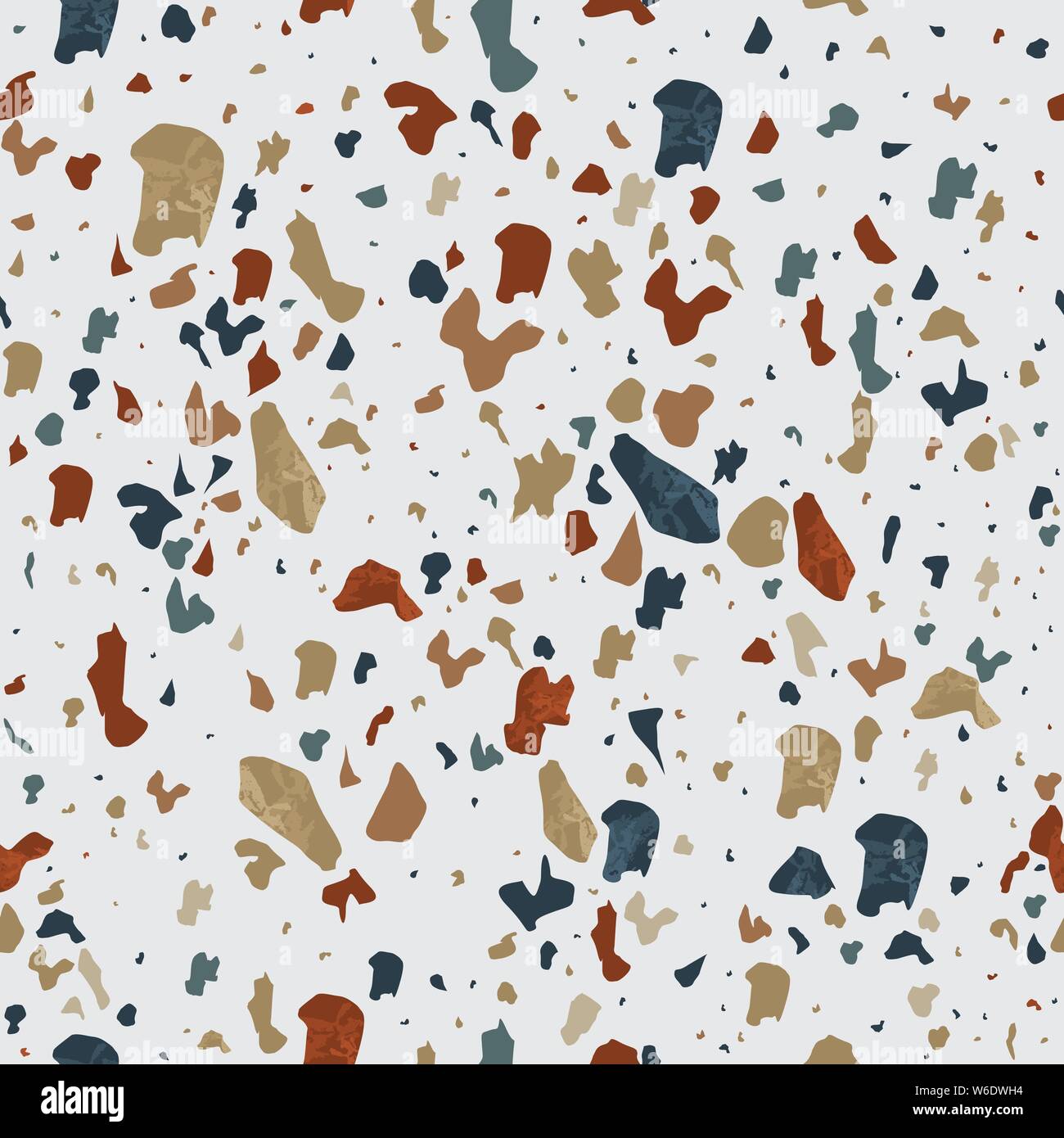 Colorful terrazzo flooring seamless pattern with realistic color stones and rocks on white background. Traditional stone material tile illustration. Stock Vector