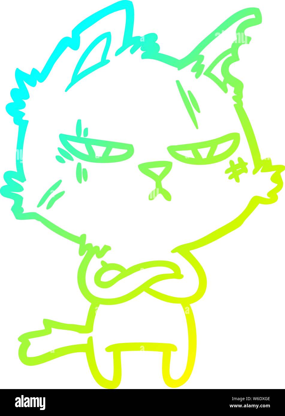 cold gradient line drawing of a tough cartoon cat folding arms Stock