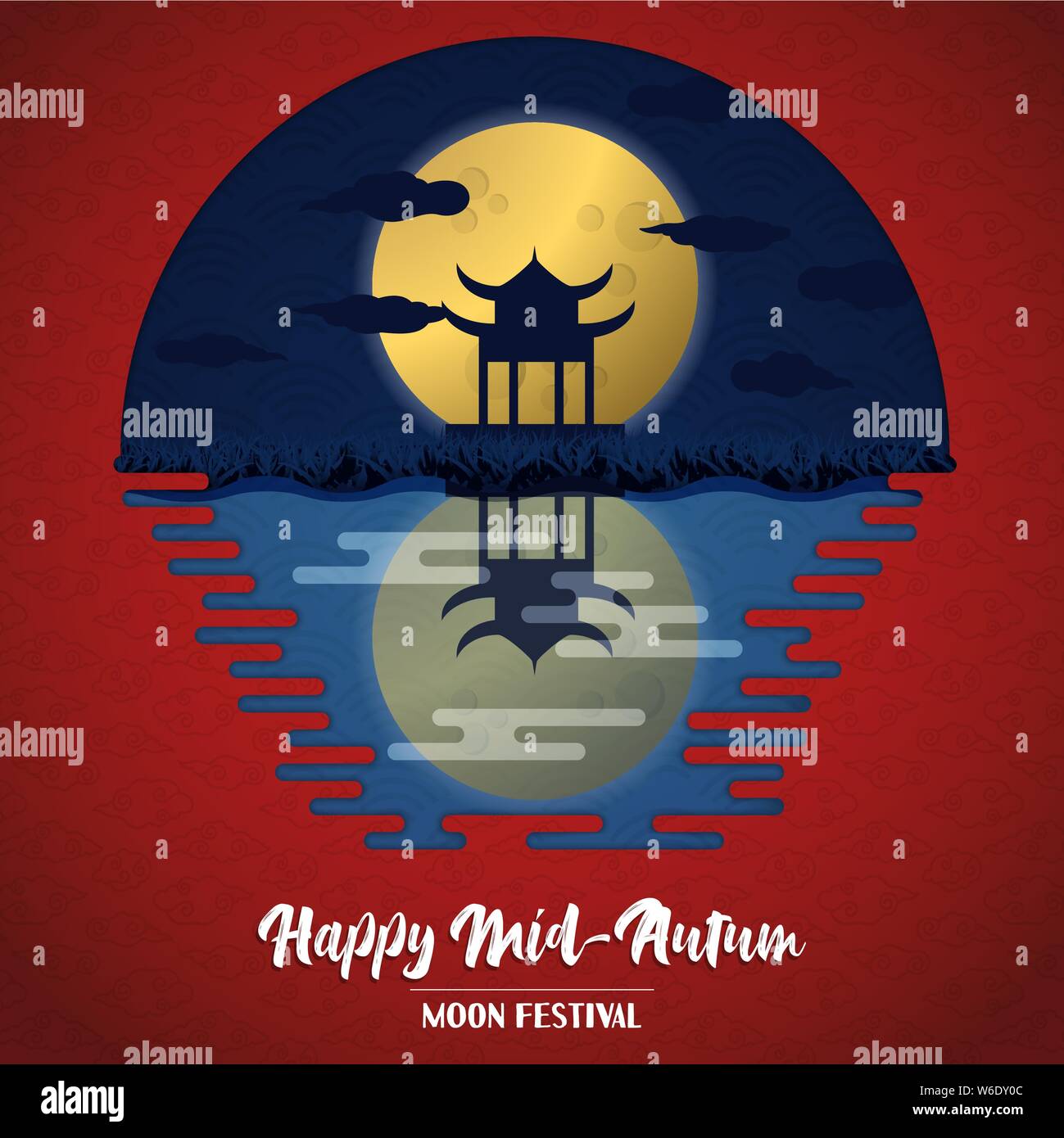 Happy mid autumn festival illustration of traditional asian landscape under full moon. Chinese celebration design with red cloud background. Stock Vector