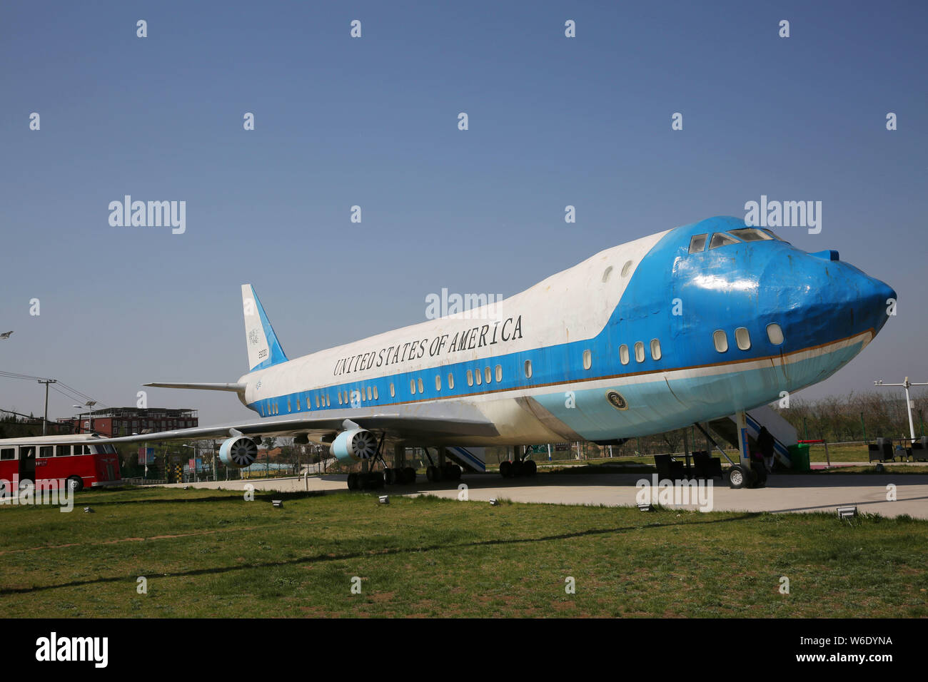 A half-size replica of 'Air Force One' aircraft of United States Air Force built by local farmers is on display in Mazui village, Tongchuan city, nort Stock Photo