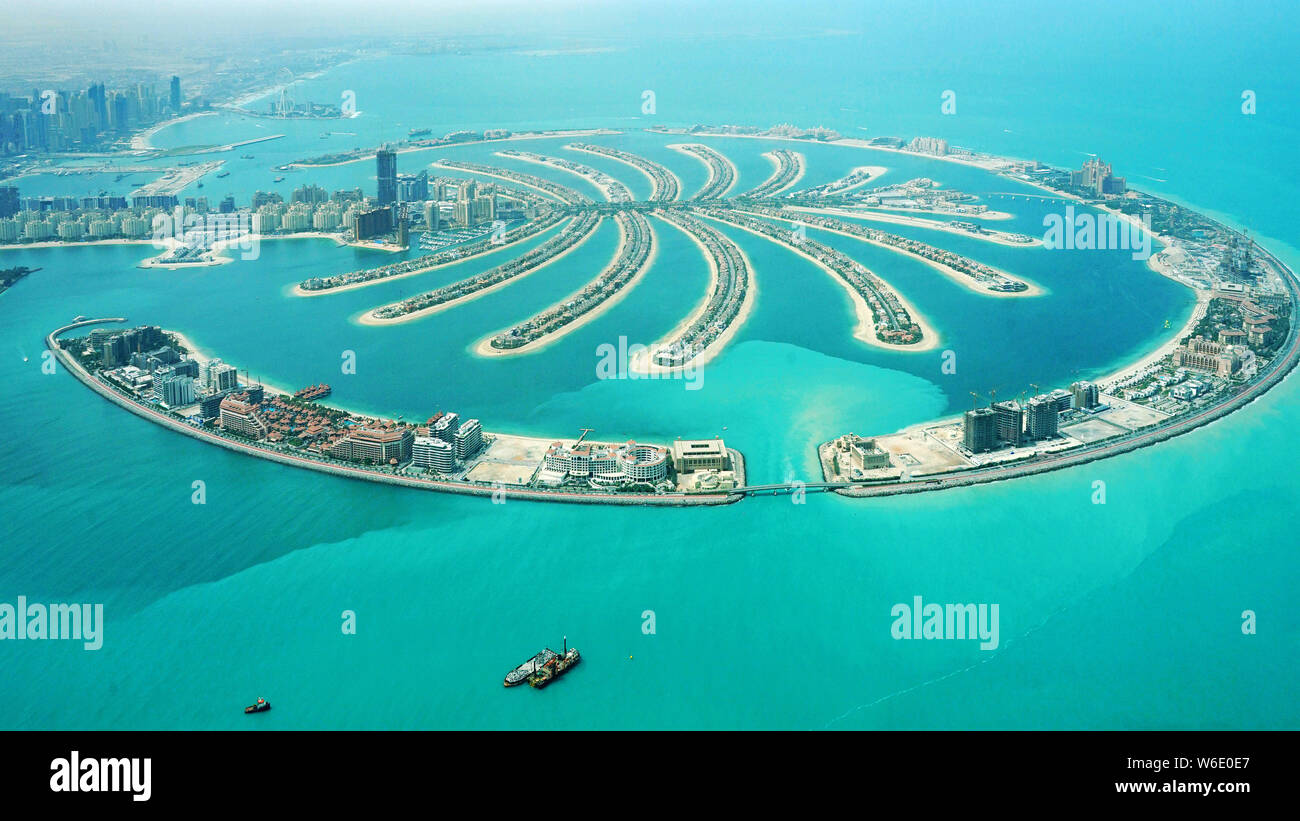 An aerial view of the Palm Jumeirah artificial island which resembles a stylized palm tree in Dubai, United Arab Emirates, 6 April 2018.   Dubai, the Stock Photo