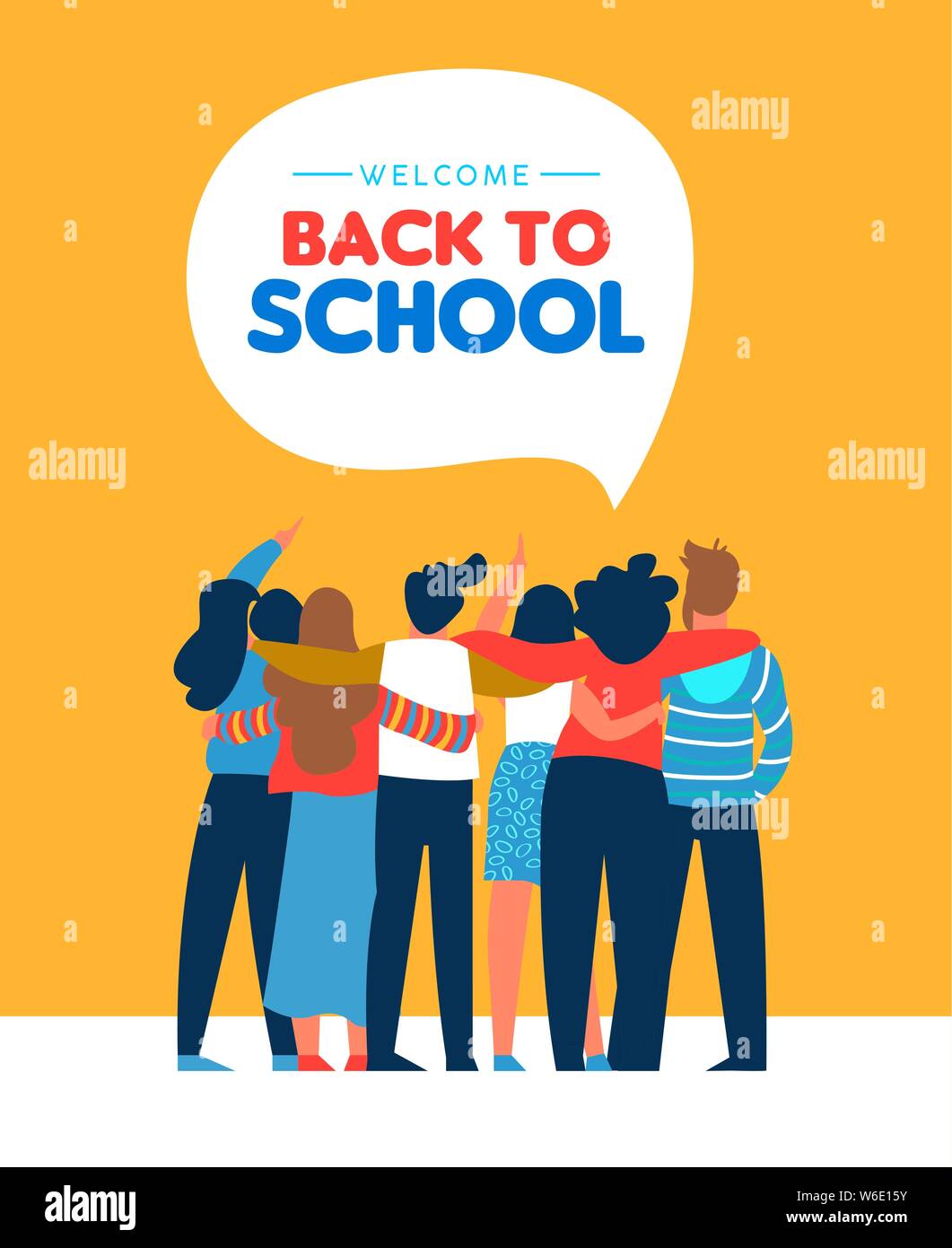 Welcome back to school card illustration of diverse teen student group hugging together. Highschool teenager classmate concept or young college studen Stock Vector