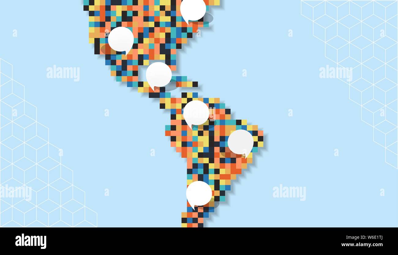 America continent map illustration made of colorful pixels. Abstract geometric pixel planet with empty copy space bubbles in north and south american Stock Vector