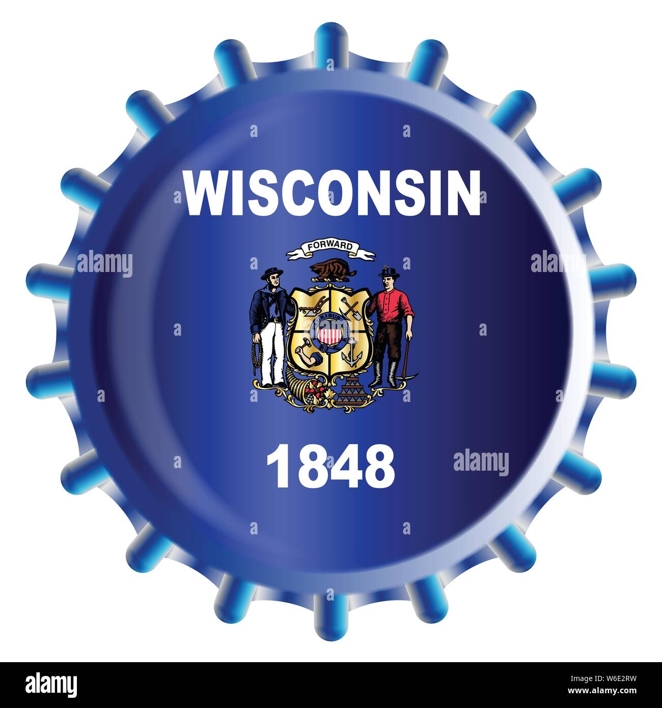 A typical metal glass bottle cap in Wisconsin state flag colors