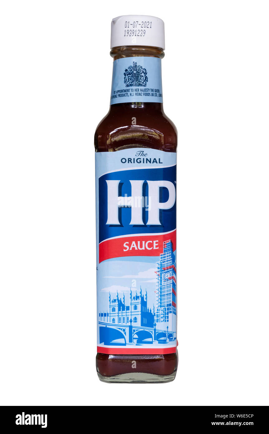 The iconic HP Sauce label has been updated to include the scaffolding currently around the Elizabeth Tower. To celebrate 160th anniversary of Big Ben. Stock Photo