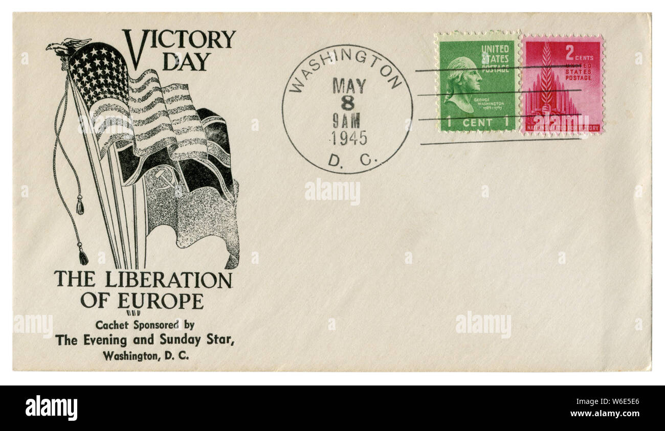 Washington, D.C., The USA - 8 May 1945: US historical envelope: cover with a cachet Victory Day, The Liberation Of Europe, flags of the USA, allies Stock Photo