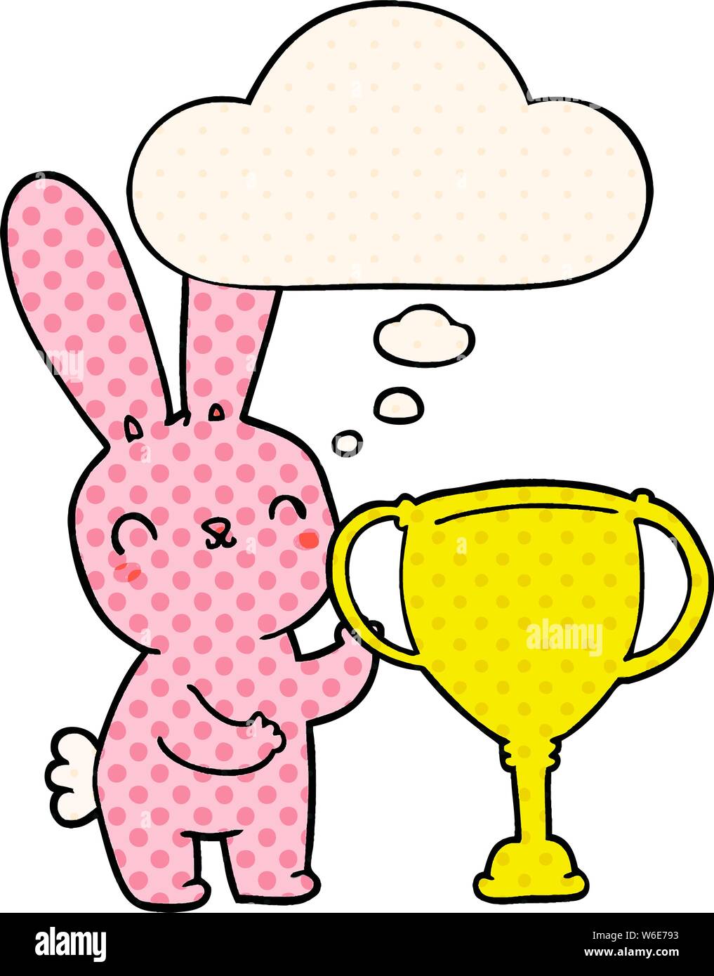 cute cartoon rabbit with sports trophy cup with thought bubble in comic ...