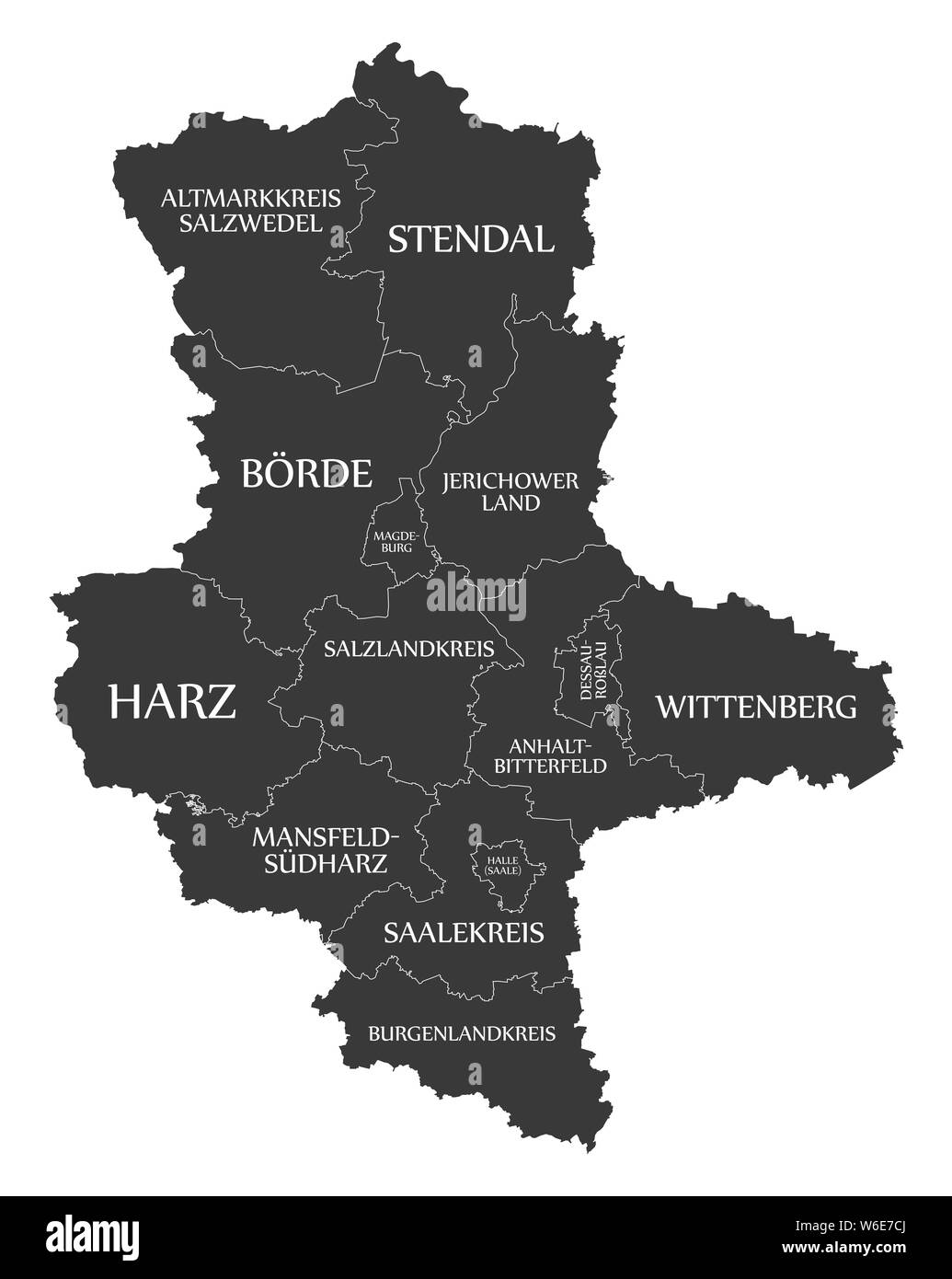 Modern Map - Saxony-Anhalt map of Germany with counties and labels black Stock Photo