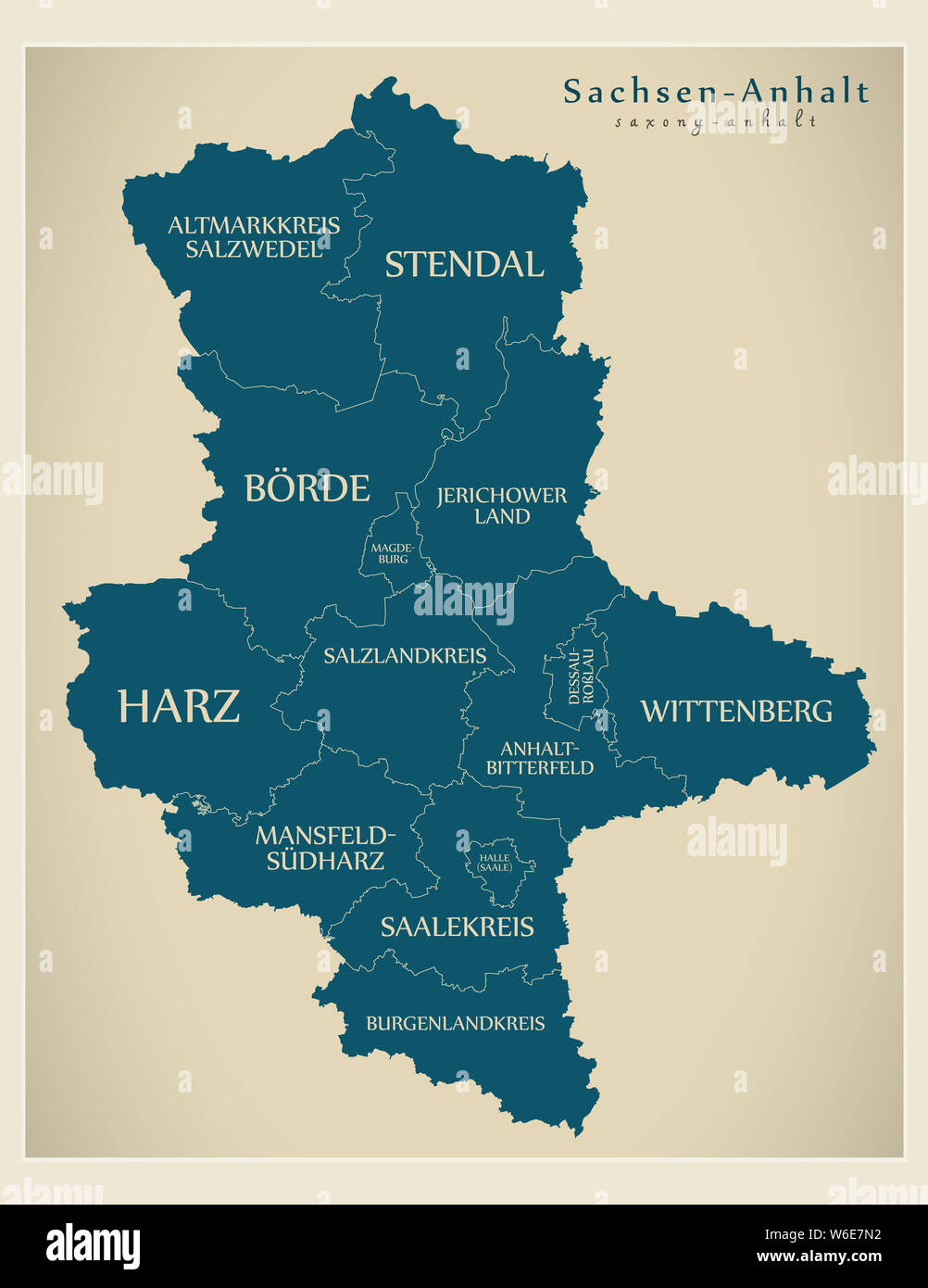 Modern Map - Saxony-Anhalt map of Germany with counties and labels Stock Photo